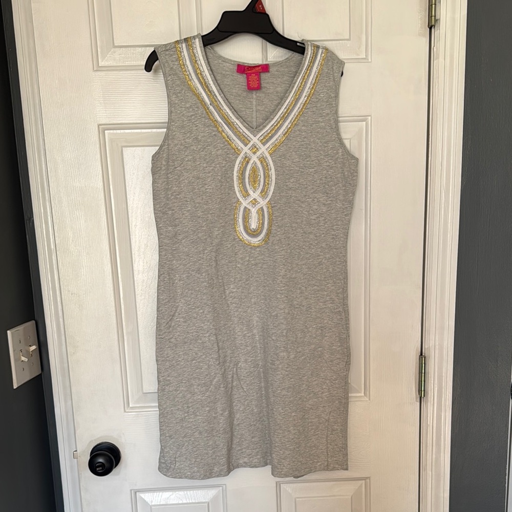 Gray Sleeveless Dress with Metalic Neckline